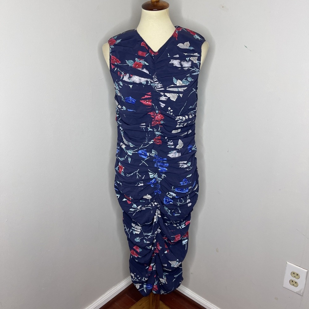 Salvatore Ferragamo Sleeveless Blue Floral Silk Body-con Ruched Dress Sz 44